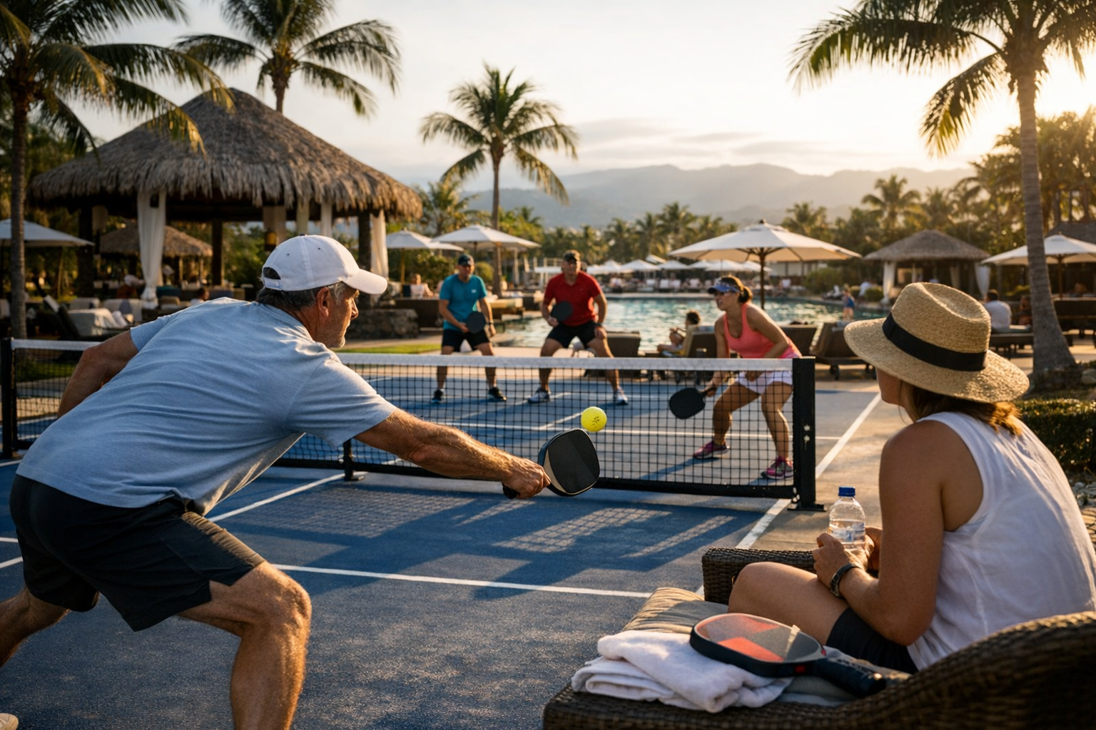 Friends playing pickleball at a palm-lined resort court