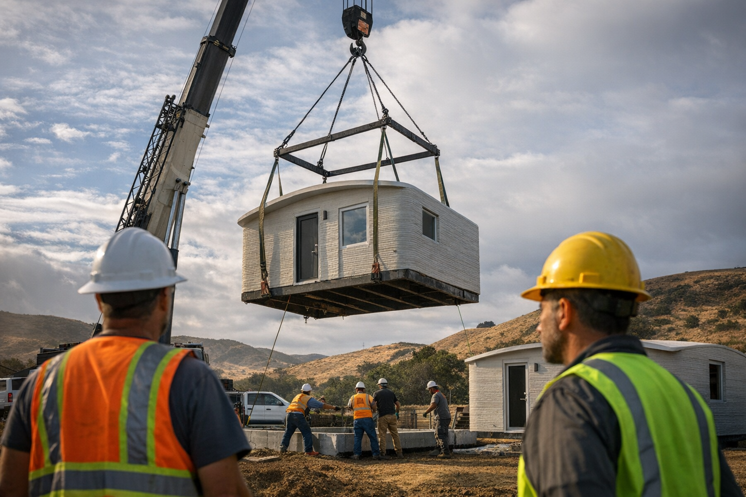 Crane places first 3Dprinted cabins at Home Village, San Luis