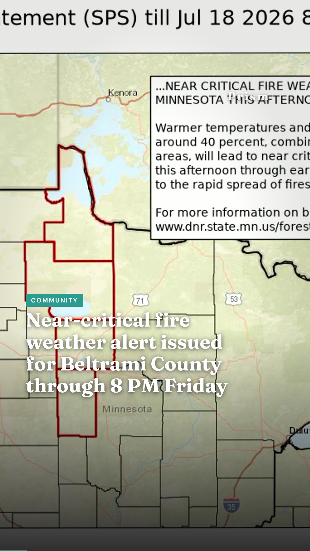 Near-critical fire weather alert issued for Beltrami County through 8 PM Friday