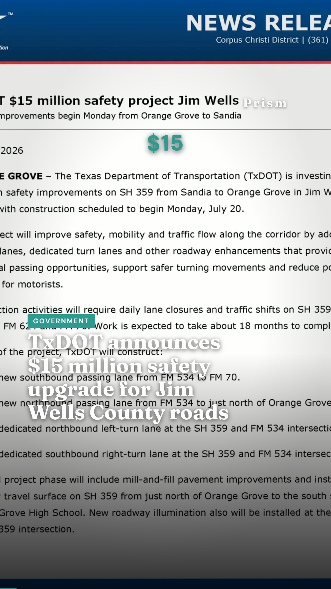 TxDOT announces $15 million safety upgrade for Jim Wells County roads